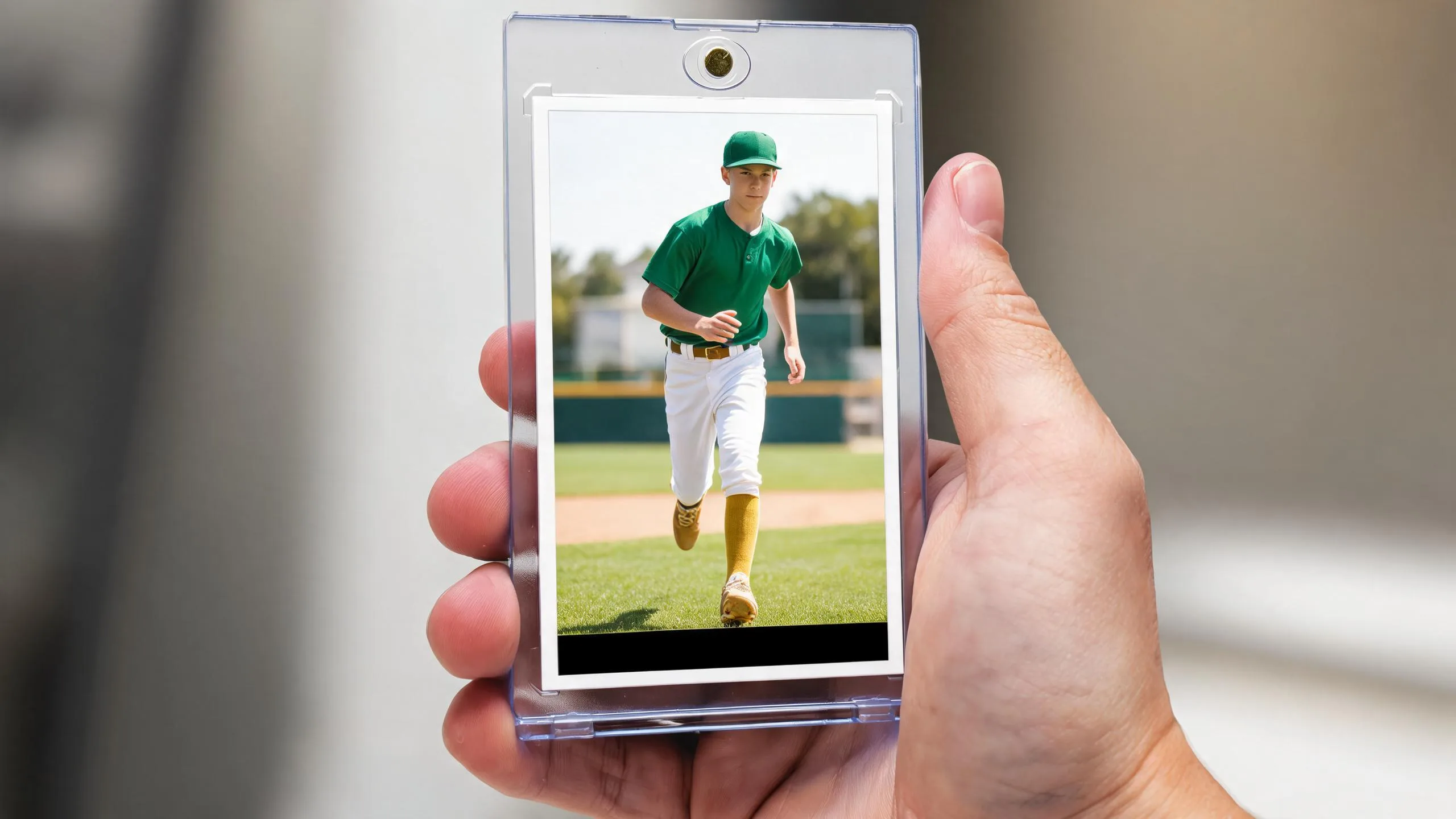 Hand holding magnetic case with athlete card, top pick among sports card shops in Des Moines.