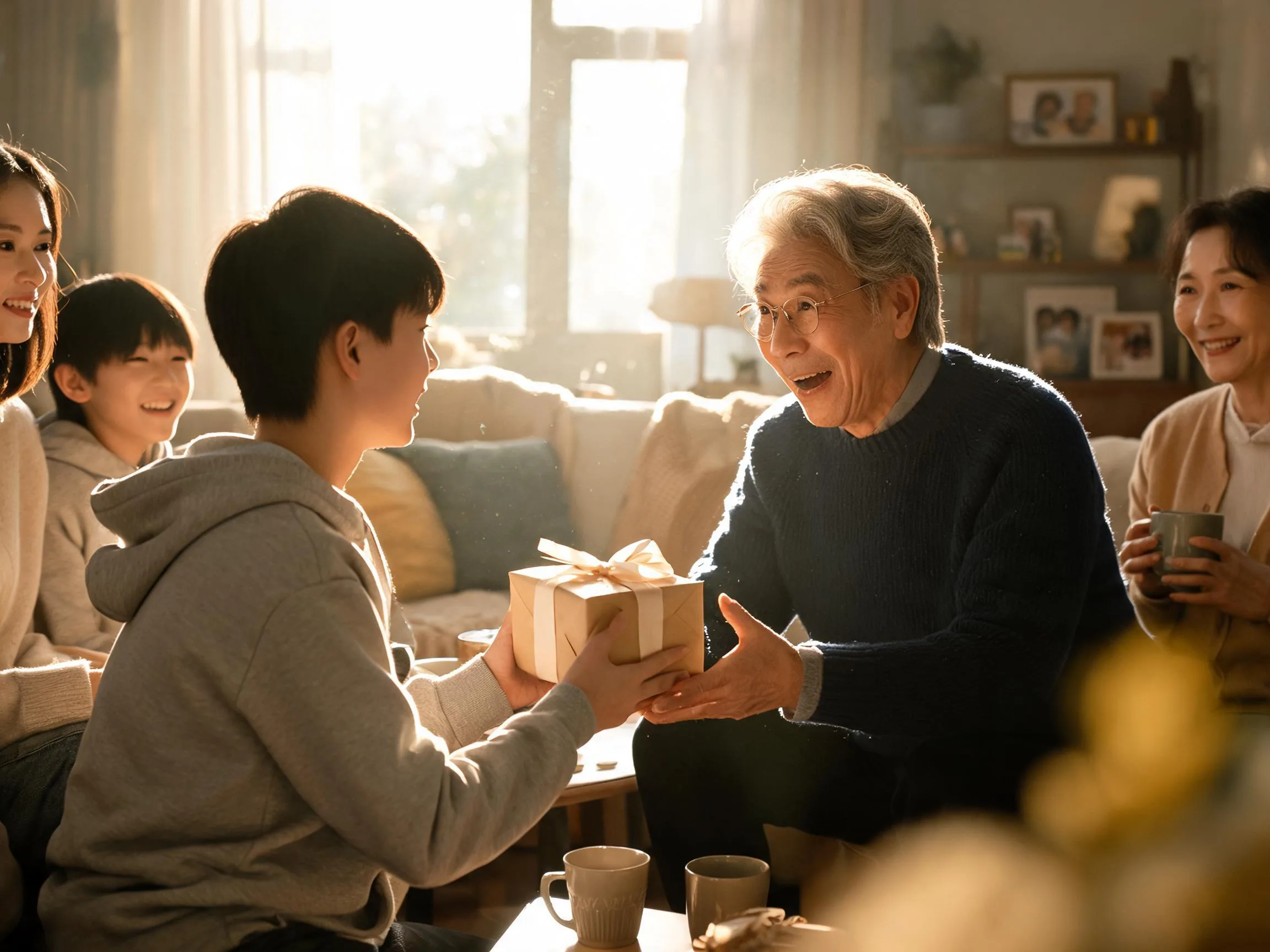 Grandfather reacting with joyful surprise as family gathers around a gift.