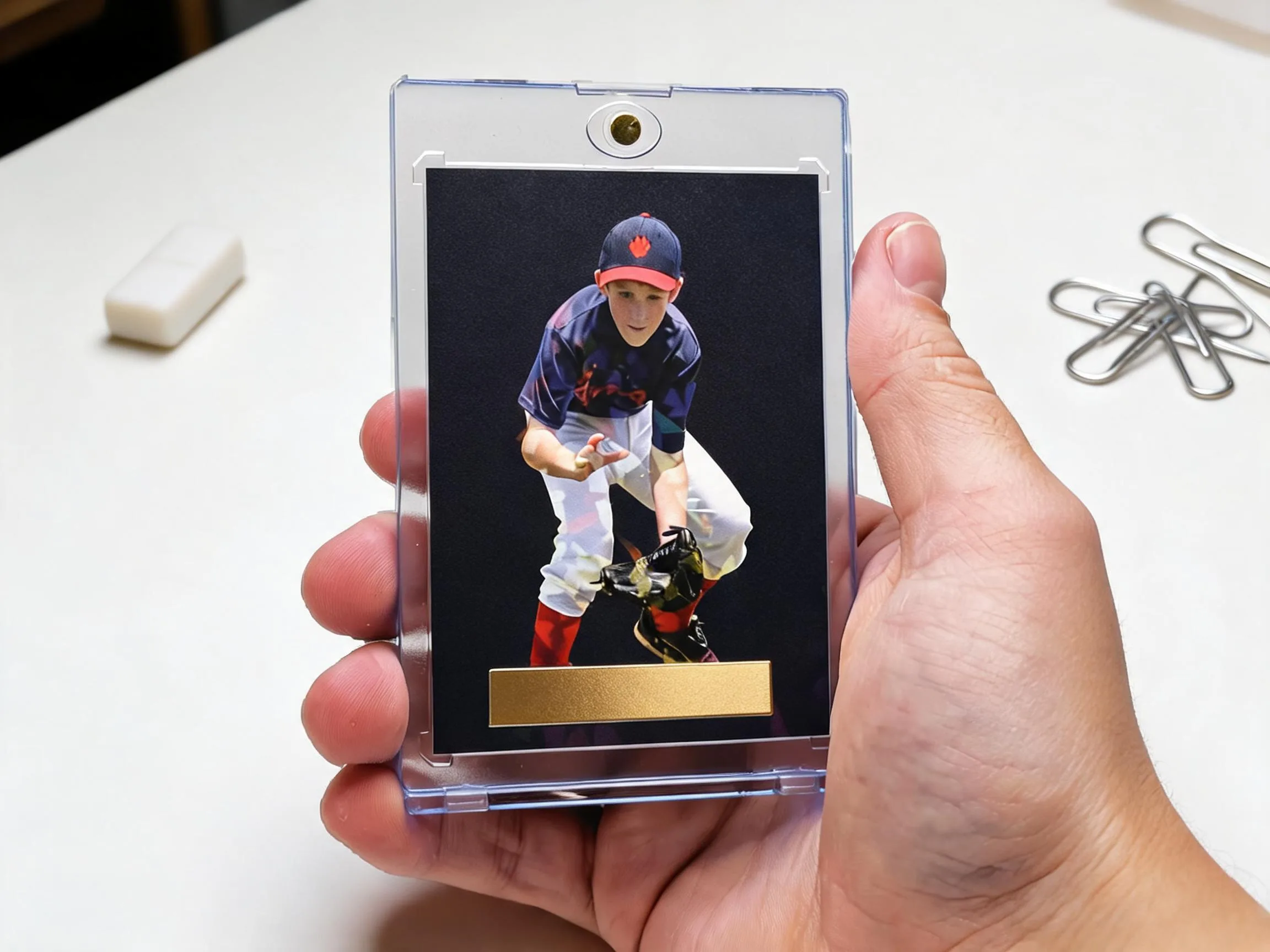 Custom keepsake trading card in magnetic case displayed on a white tabletop.