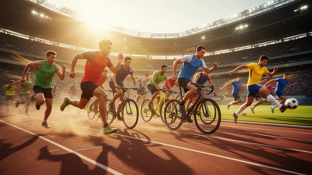 Multiple athletes competing in different sports outdoors with natural lighting and dynamic energy