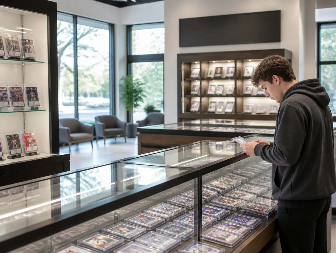 Sports card shop near me with glass display cases of trading cards