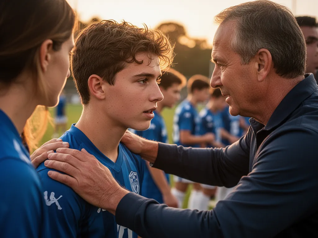 Coach mentoring young athlete with supportive hand and encouraging expression during game