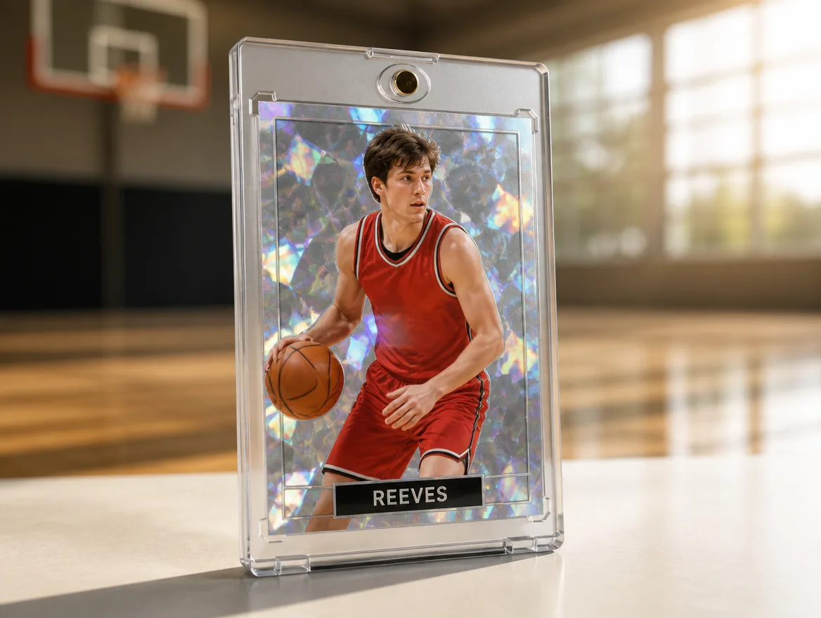 Custom sports card displayed upright in a premium magnetic case