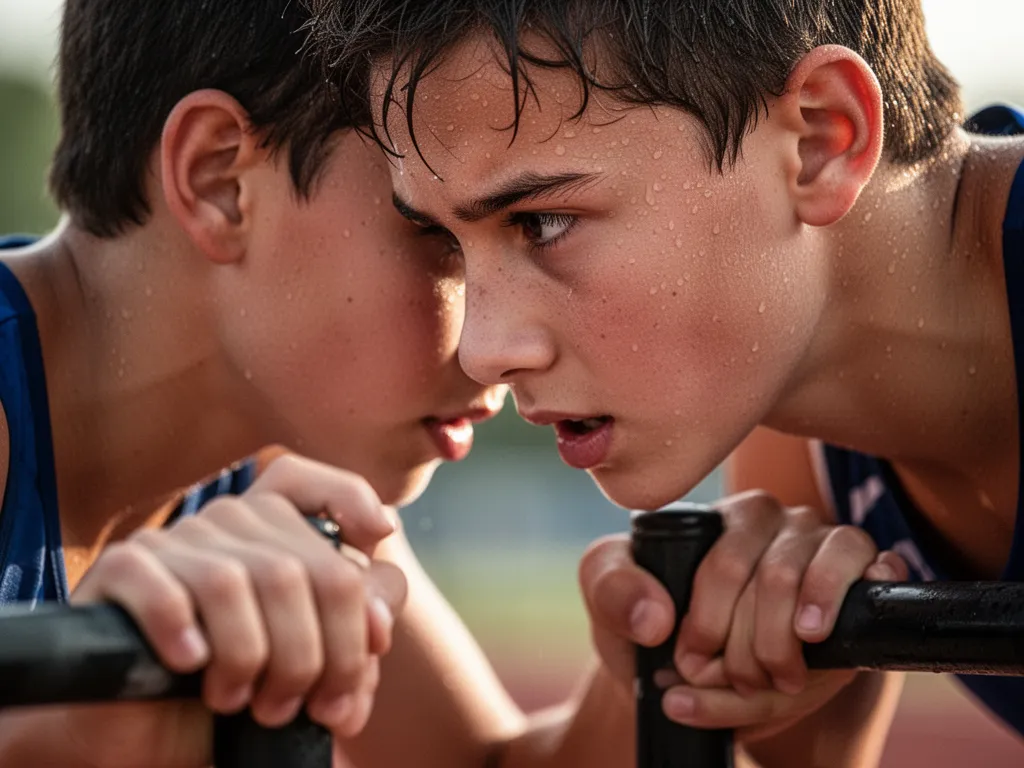 Young athlete's concentrated face during competition showing determination and athletic focus