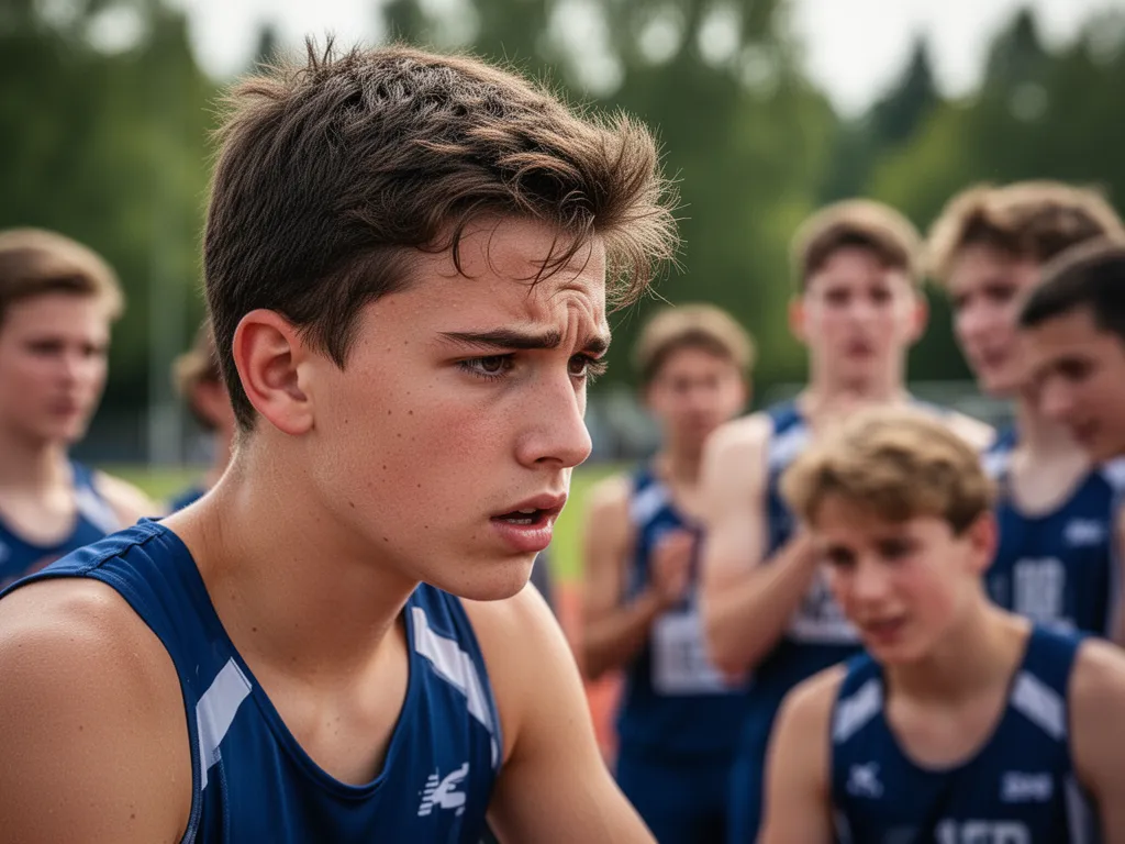 Young athlete's concentrated face during competition with blurred teammates and supporters in background