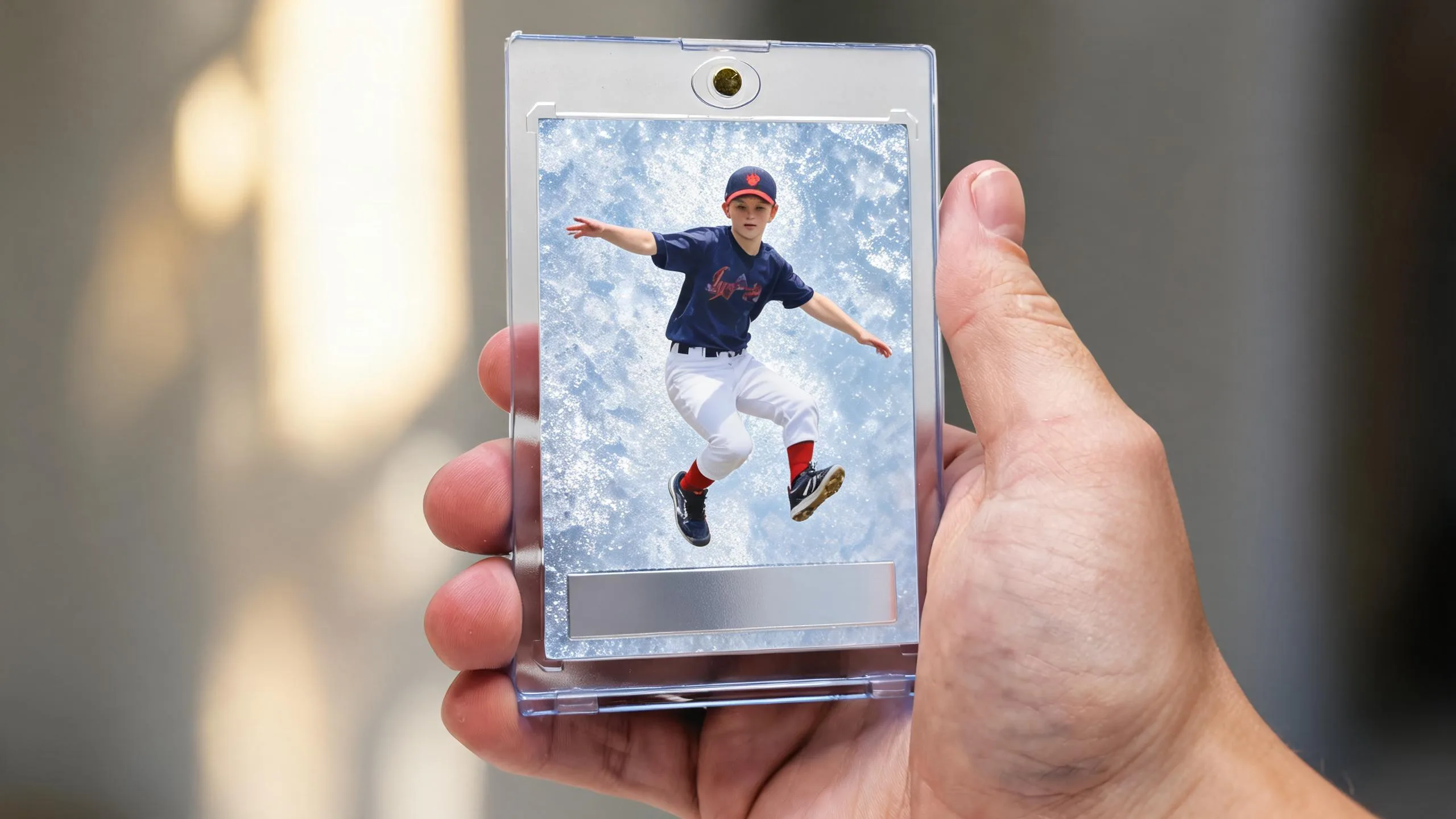Hand holding magnetic case with athlete card, top pick for sports card stores near me