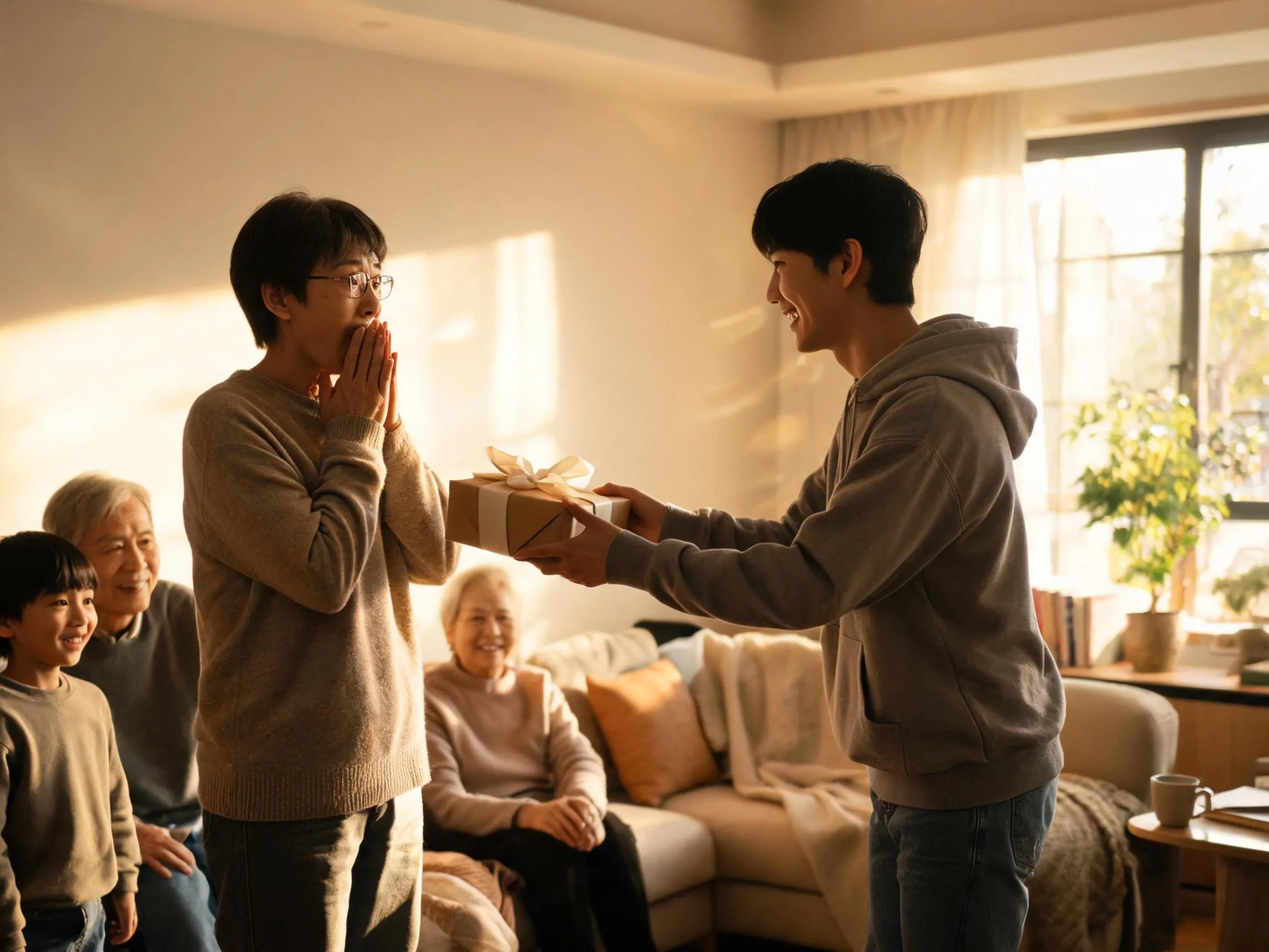 Family member reacting with joyful surprise while receiving an unexpected gift indoors