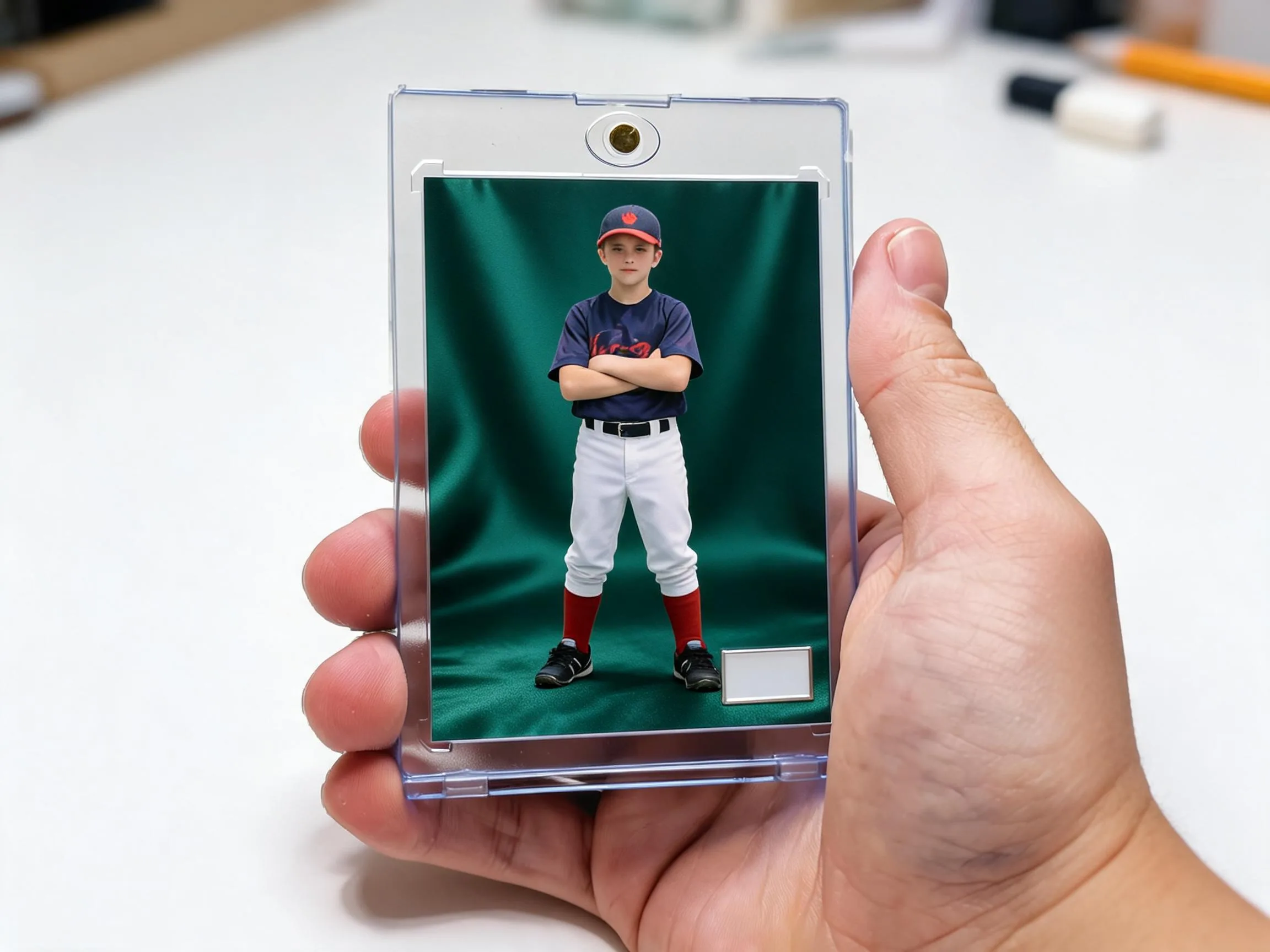 Custom keepsake trading card of an athlete in a magnetic protective case
