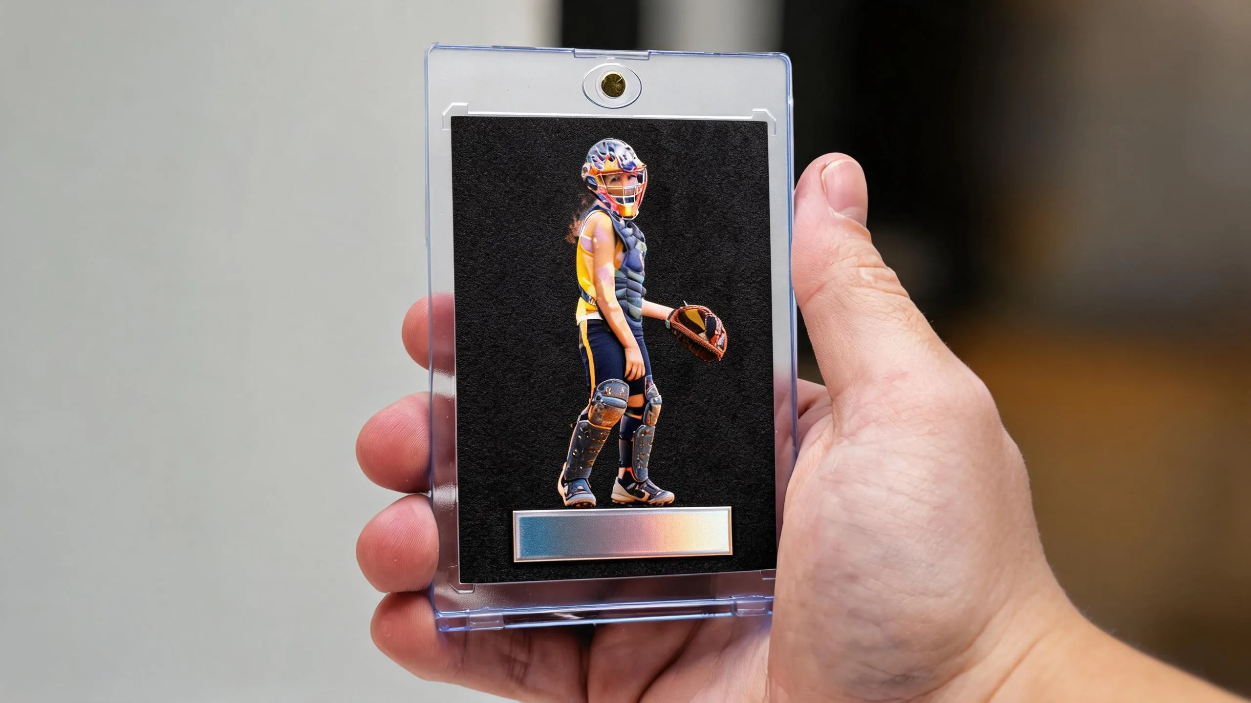 Hand holding magnetic case with blank premium sports card template free of text