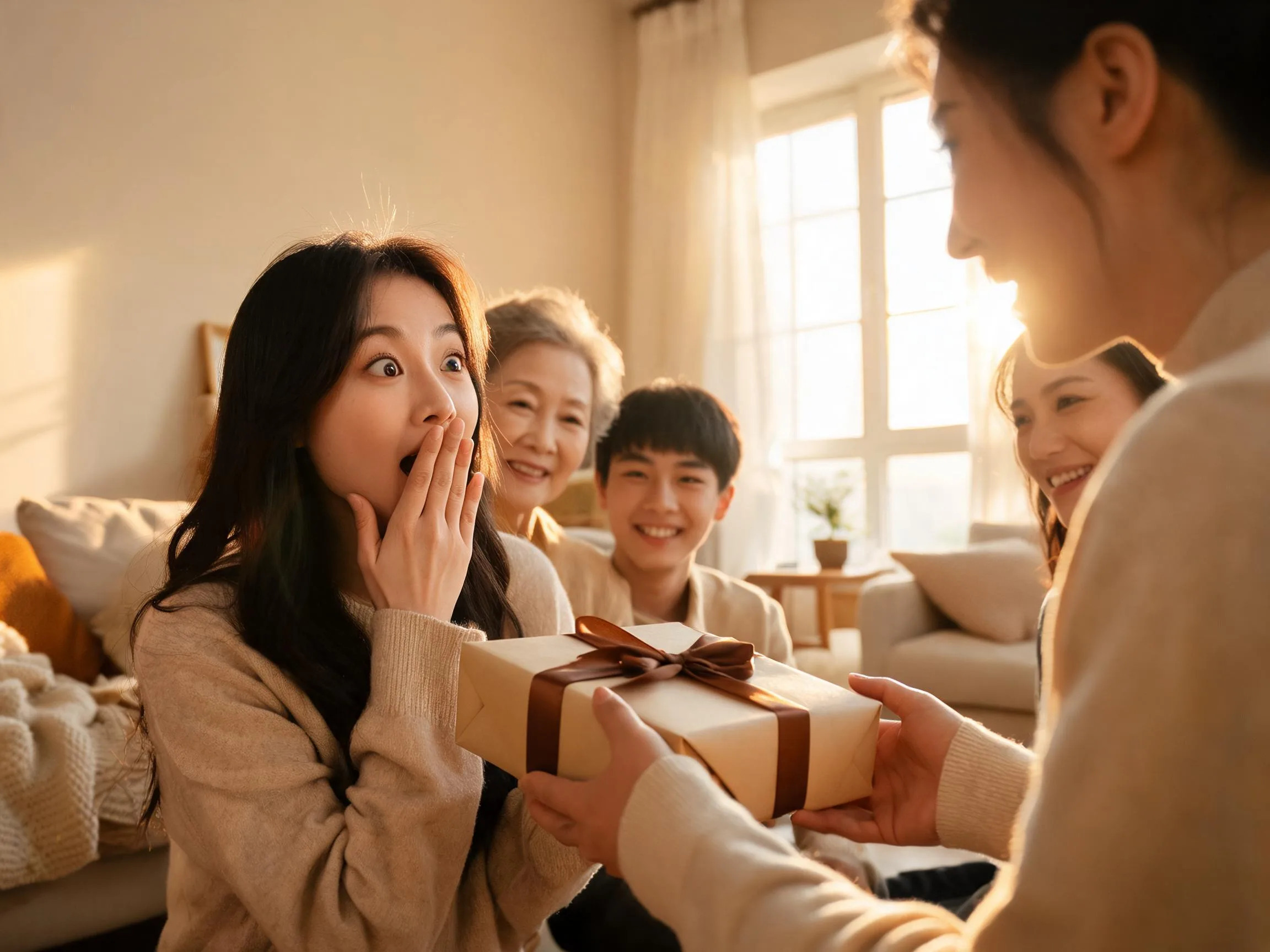 Family member reacting with genuine surprise while receiving an unexpected wrapped gift