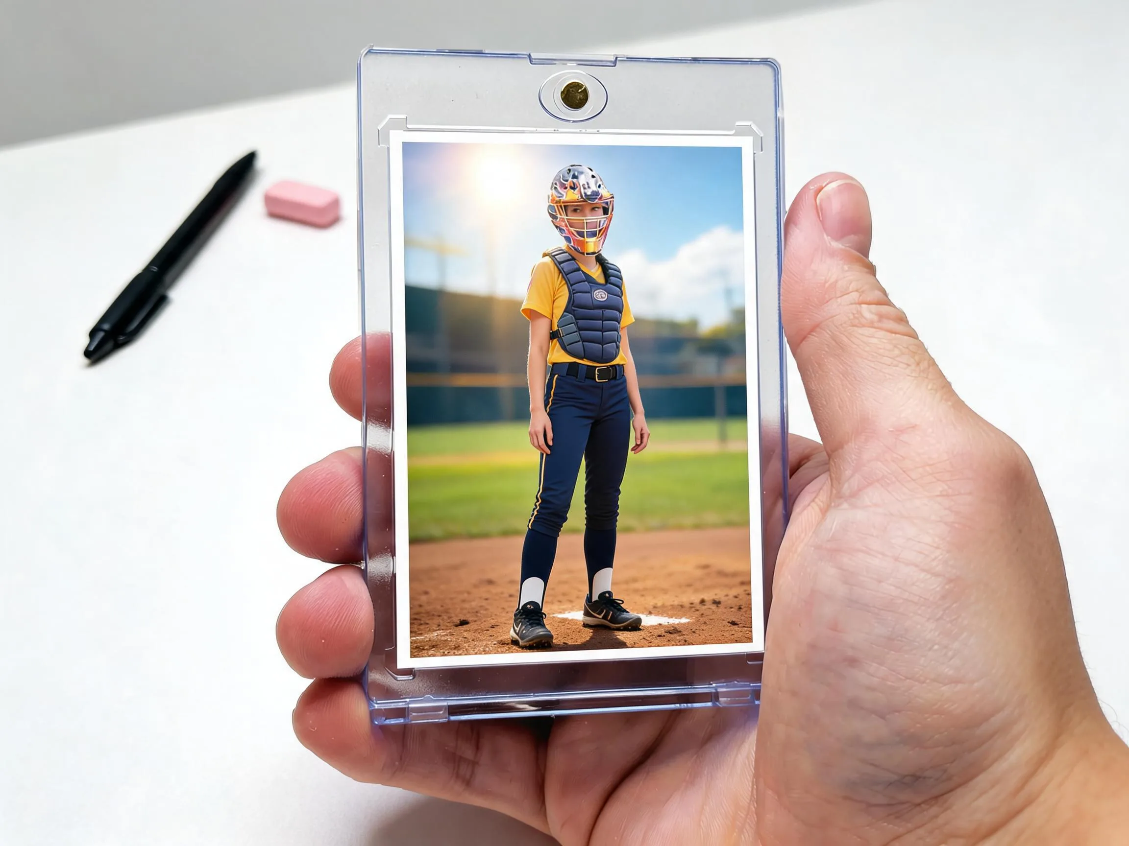 Custom keepsake trading card in magnetic case displayed on white tabletop