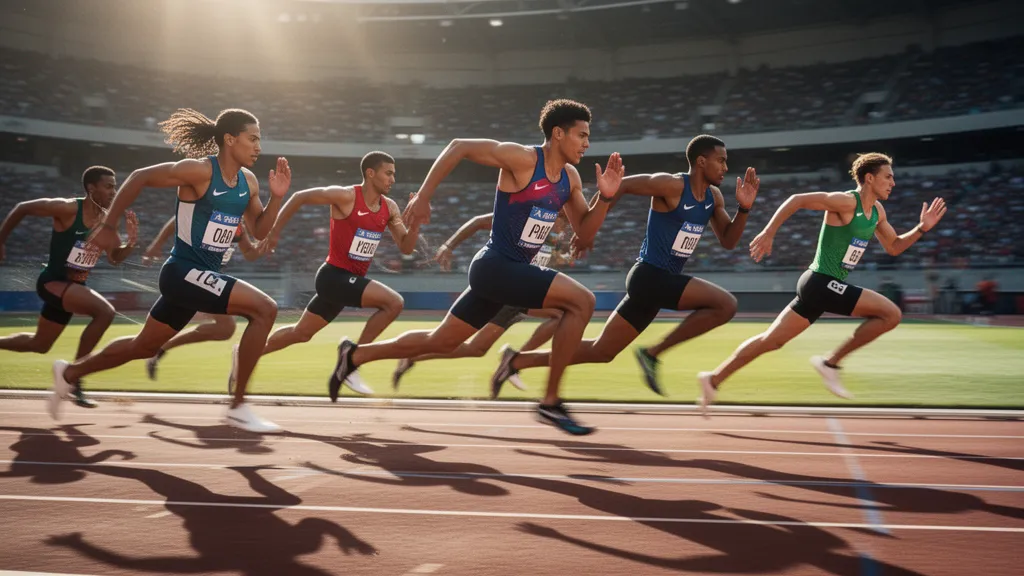 Multiple track and field athletes sprinting during outdoor competition with dynamic motion and natural lighting