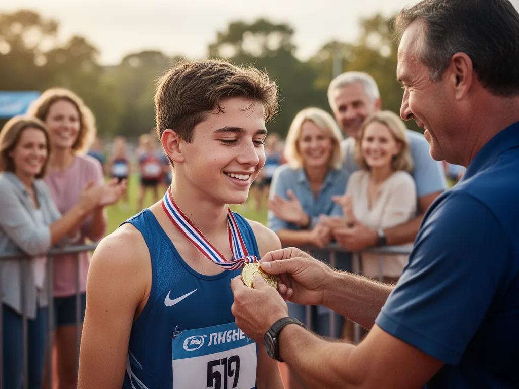 Young athlete beaming with pride while receiving medal from coach after competitive event victory