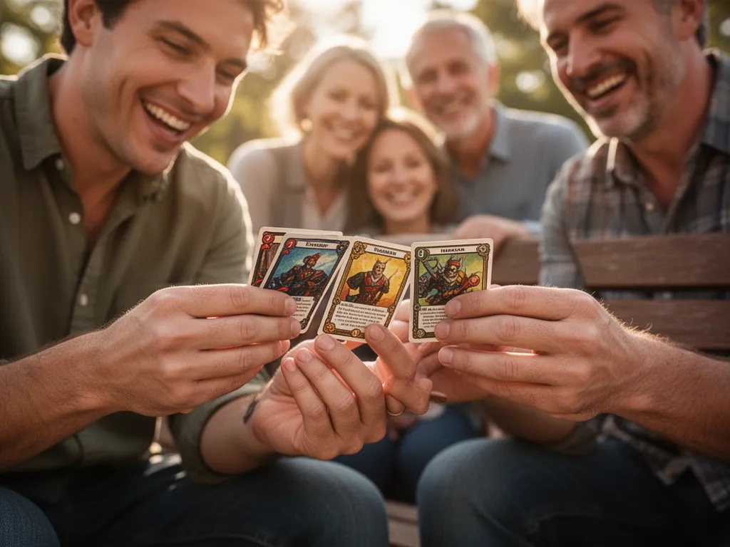 Close-up of hands examining trading cards with parents watching proudly in background.