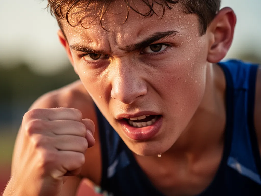 Young athlete's focused face showing intensity and determination during competitive running moment.