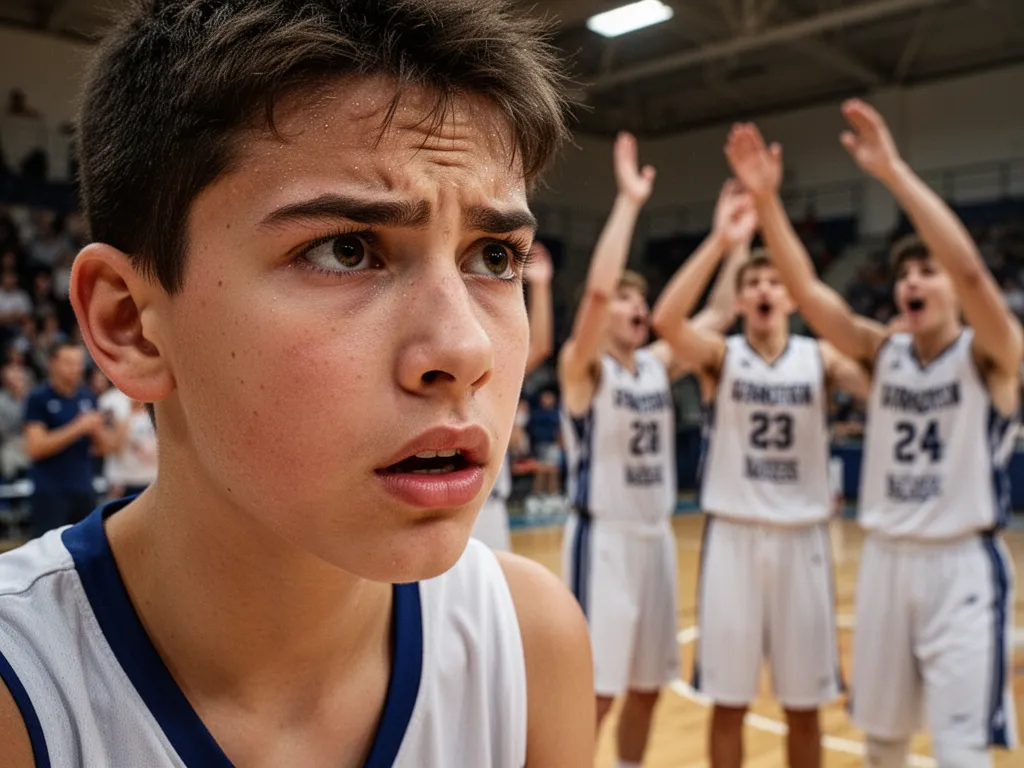 Young athlete's concentrated expression during basketball game with celebrating teammates behind
