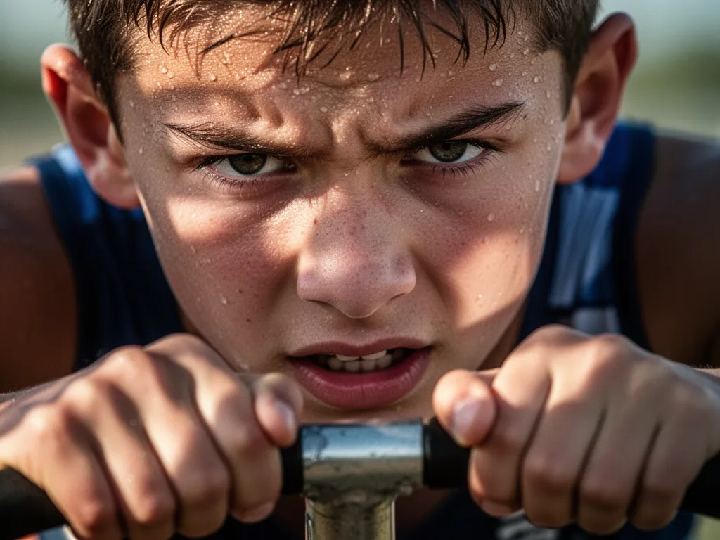 Young athlete's concentrated expression during intense competition with natural lighting highlighting determination