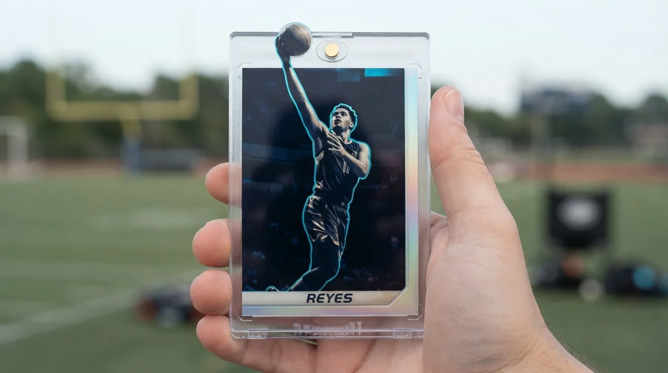 Hand holding magnetic case with sports cards custom card of basketball player breaking the top edge.