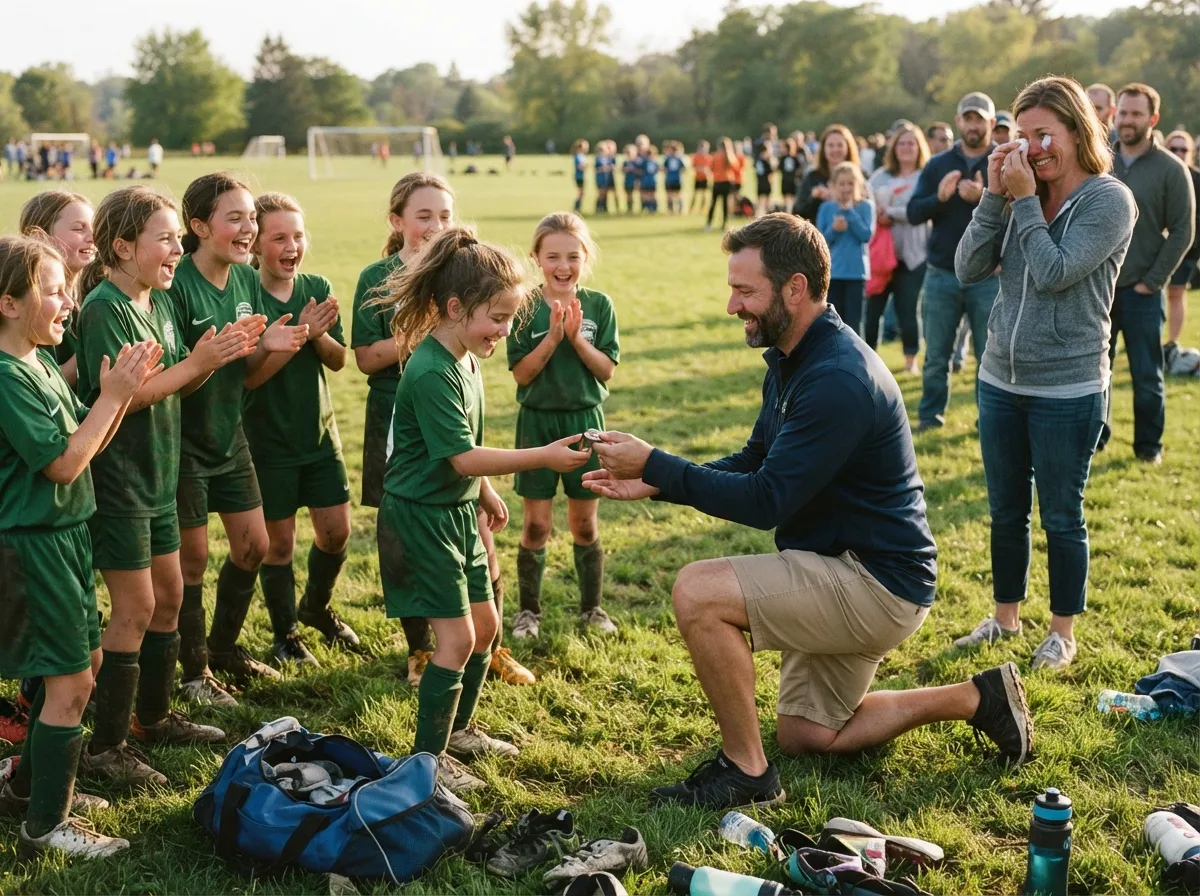 Coach and young athlete share a proud emotional moment on a sunny sports field.