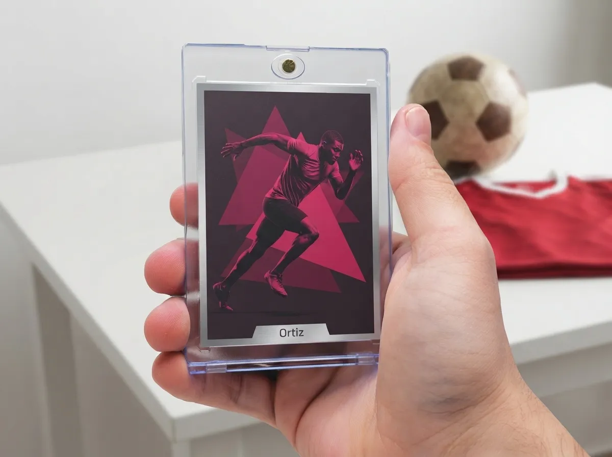 Hand displaying custom sports trading card in magnetic case with duotone sprinter design.