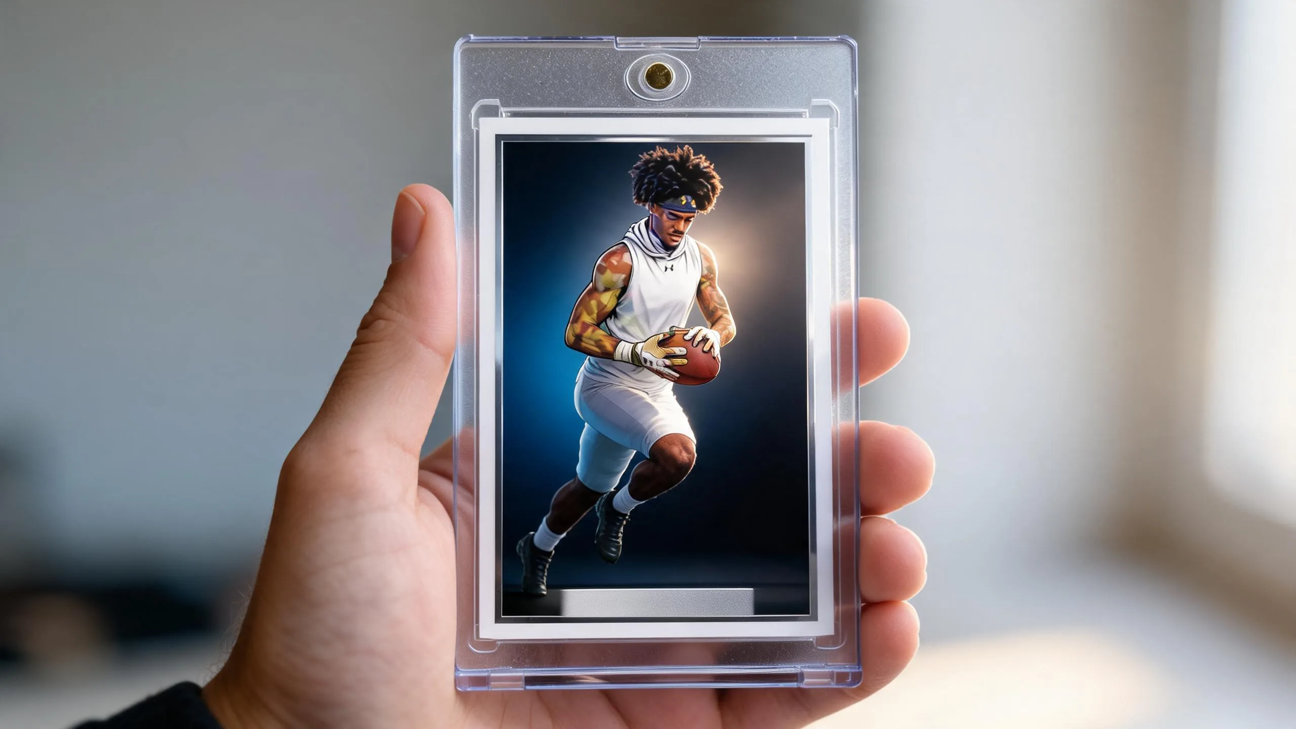 Hand holding magnetic case with premium athlete trading card, sports cards des moines keepsake.