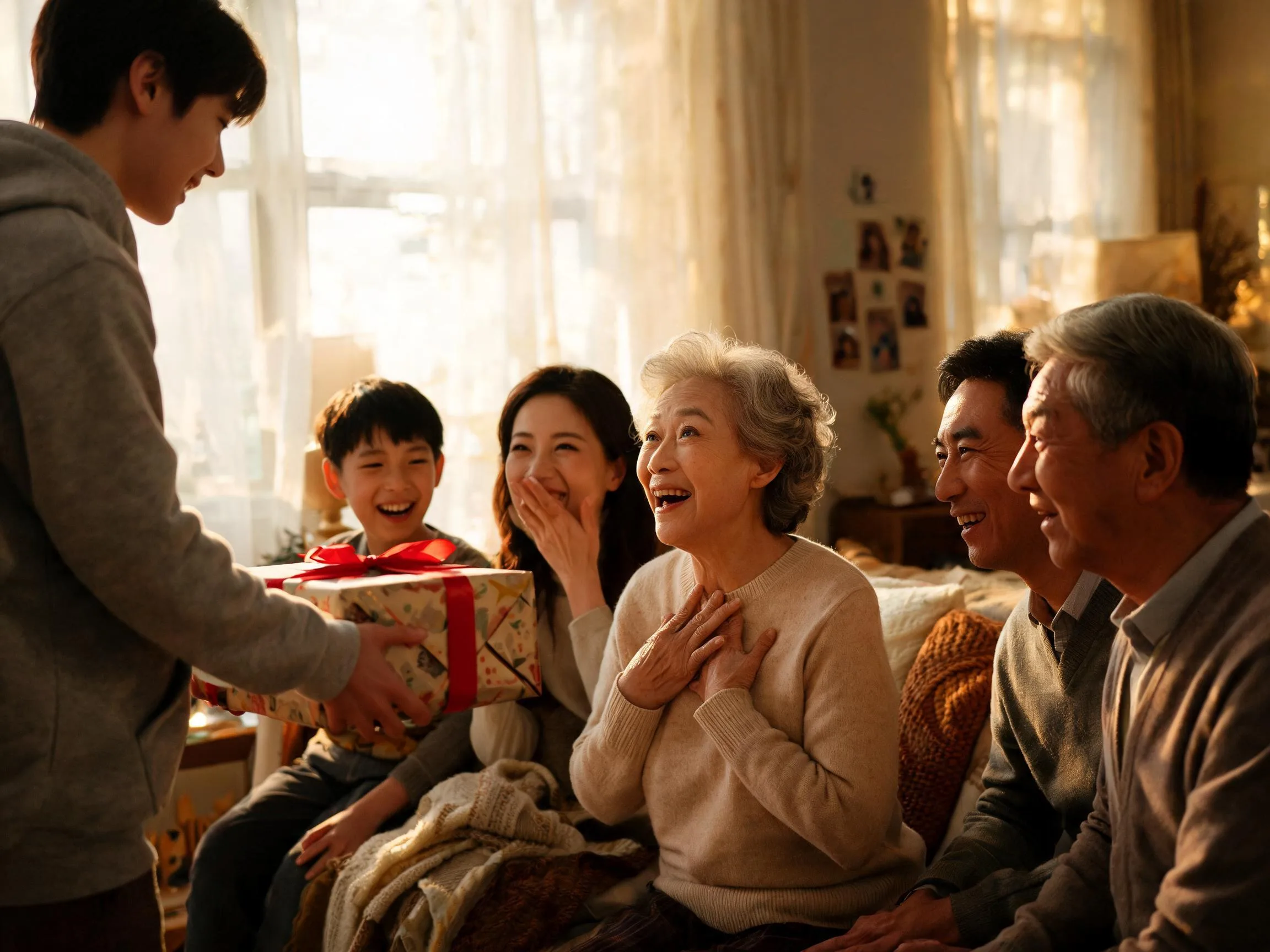 Grandmother reacts with joyful surprise receiving an unexpected gift from family.