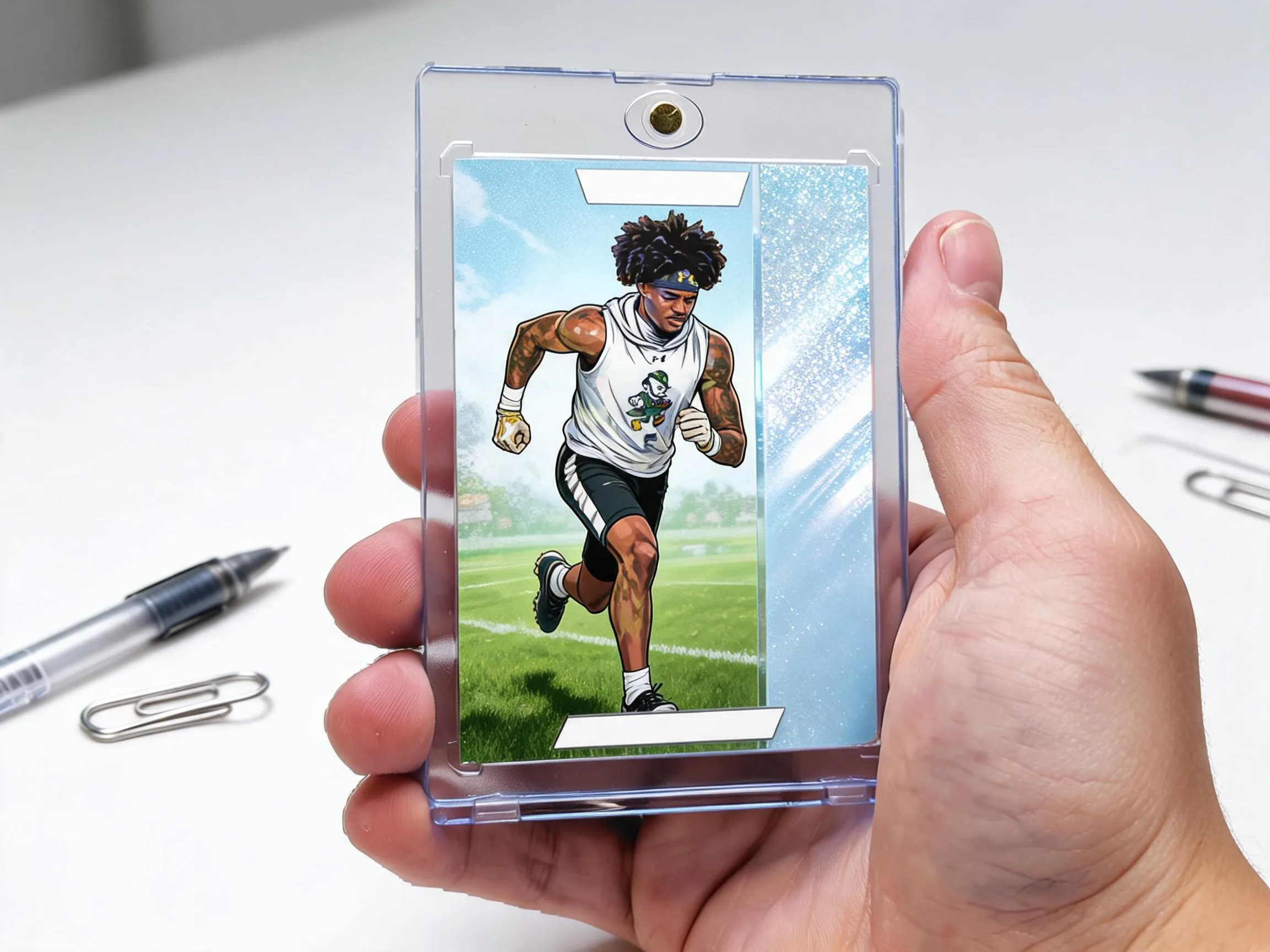 Custom keepsake trading card in clear magnetic case on white tabletop display.