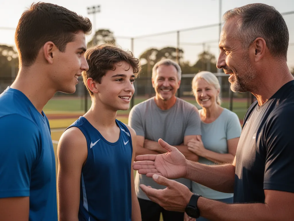 Young athlete listening to coach with family members supporting in warm natural light