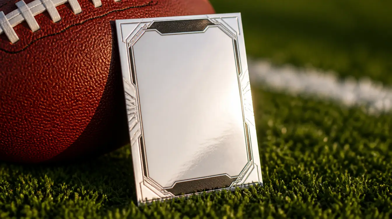 A blank football trading card resting beside a leather football on turf