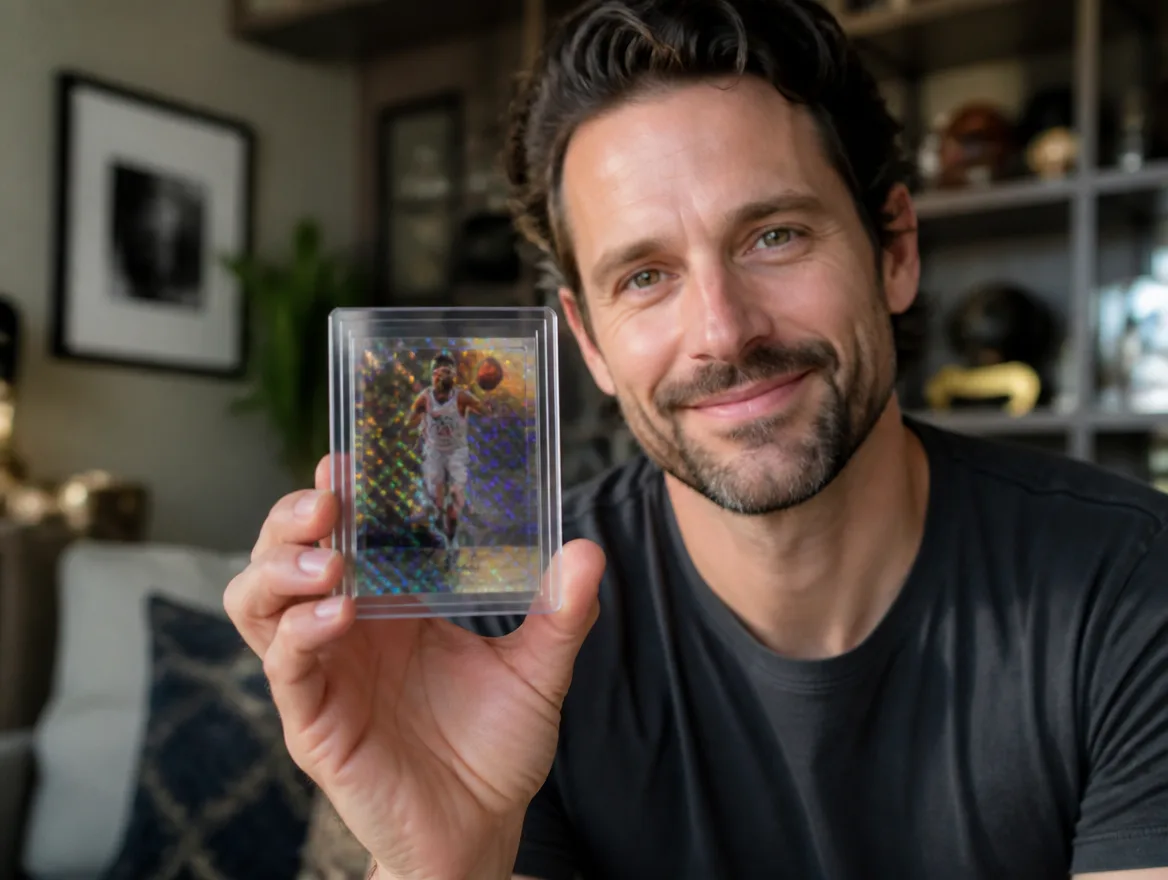 Collector holding a graded sports card in a protective case