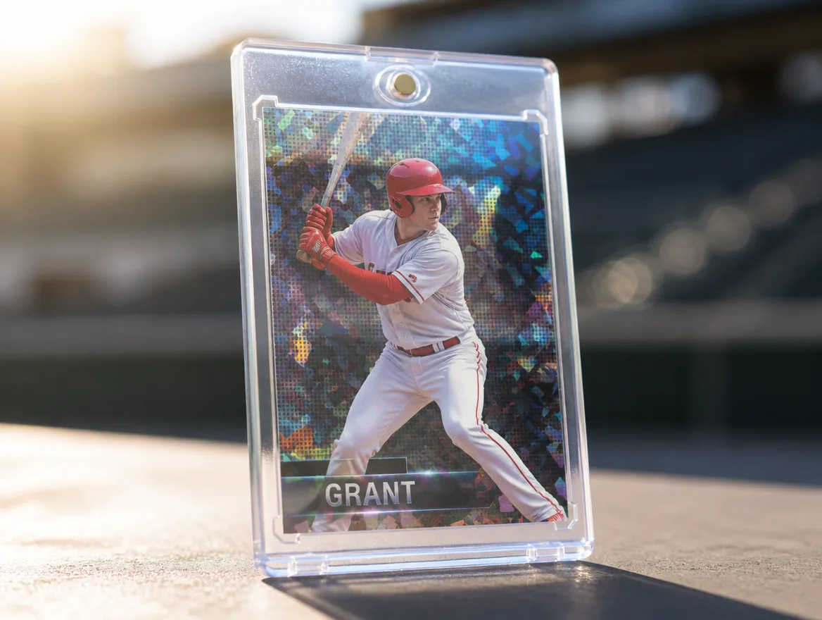 Custom sports trading card displayed upright in a premium magnetic case