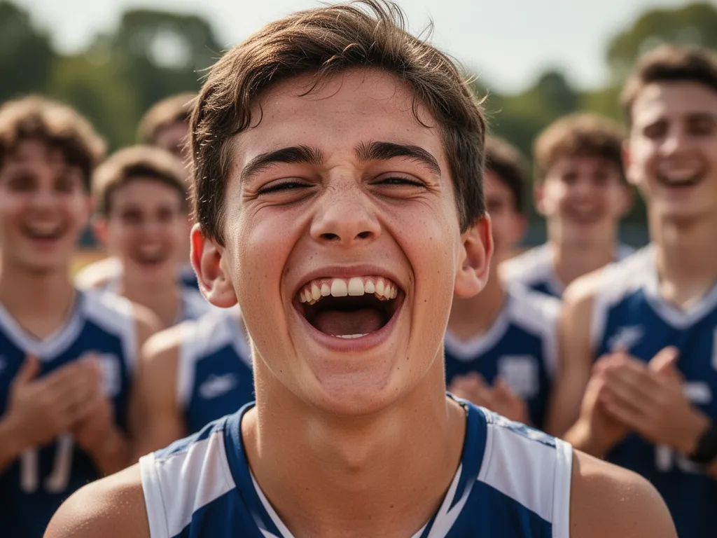 Young athlete's face expressing pure joy and celebration surrounded by supportive teammates