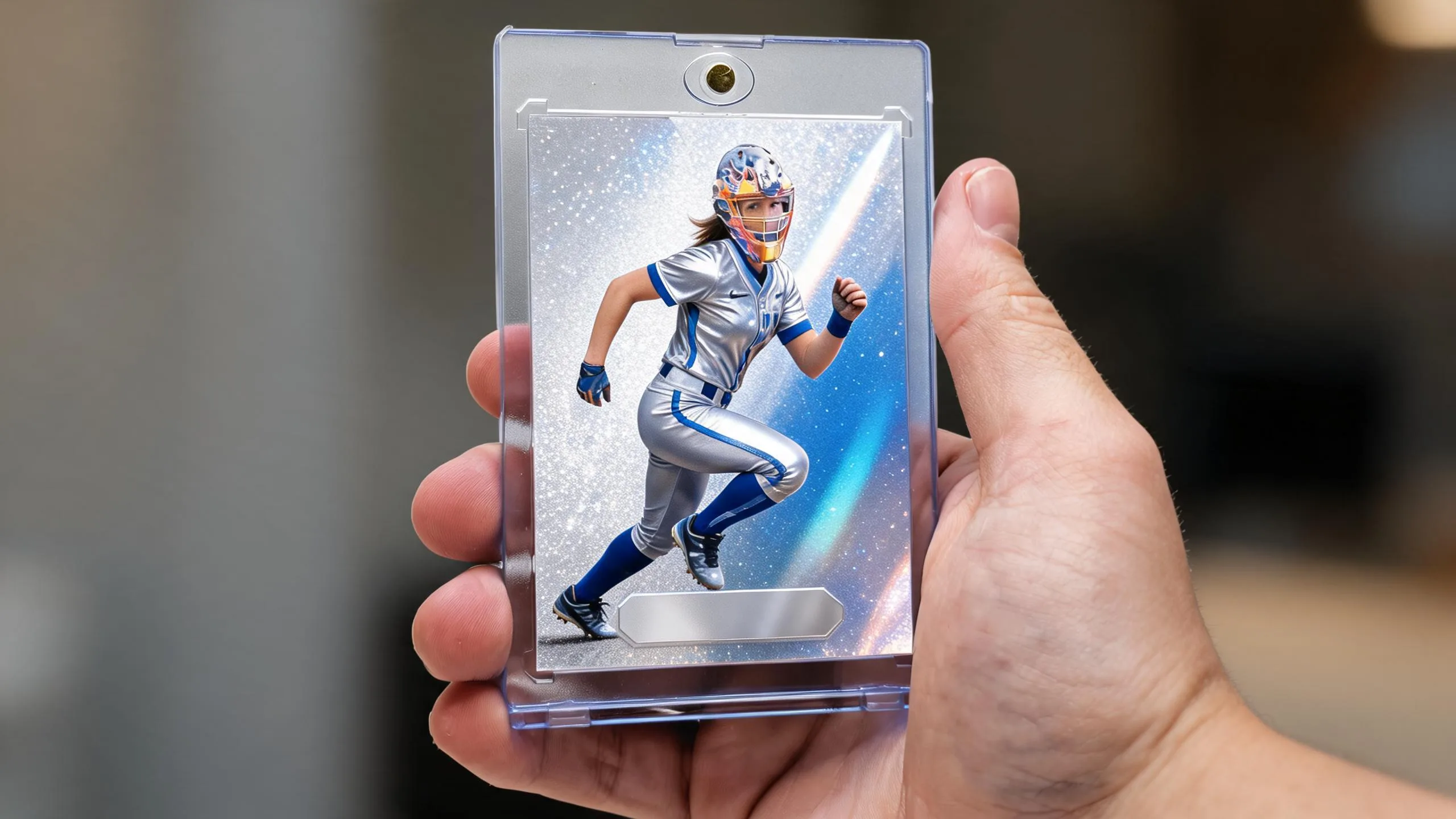 Hand holding magnetic case with icy blue refractor sports card, sports cards near me.