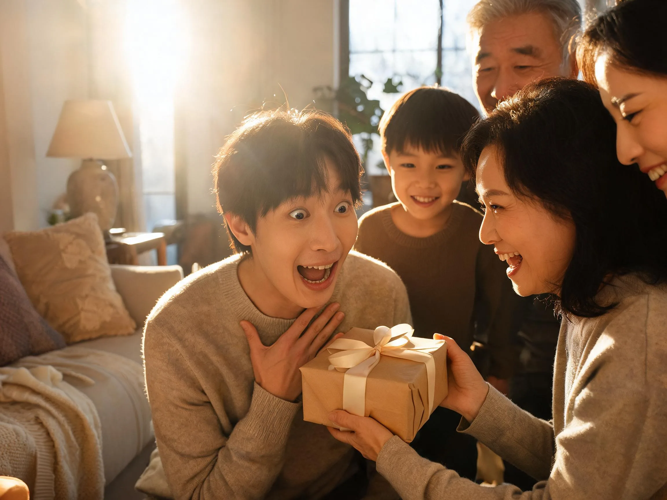 Person reacting with genuine surprise to an unexpected gift, warm lighting, candid family moment.