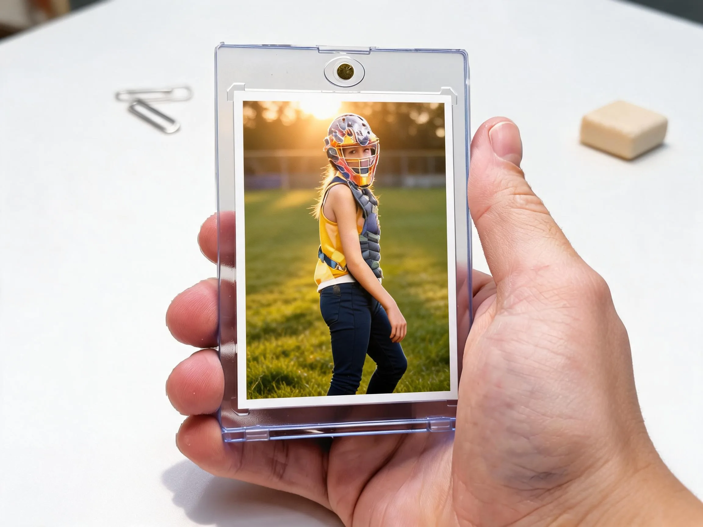 Custom keepsake trading card in magnetic case with sunlit outdoor design.