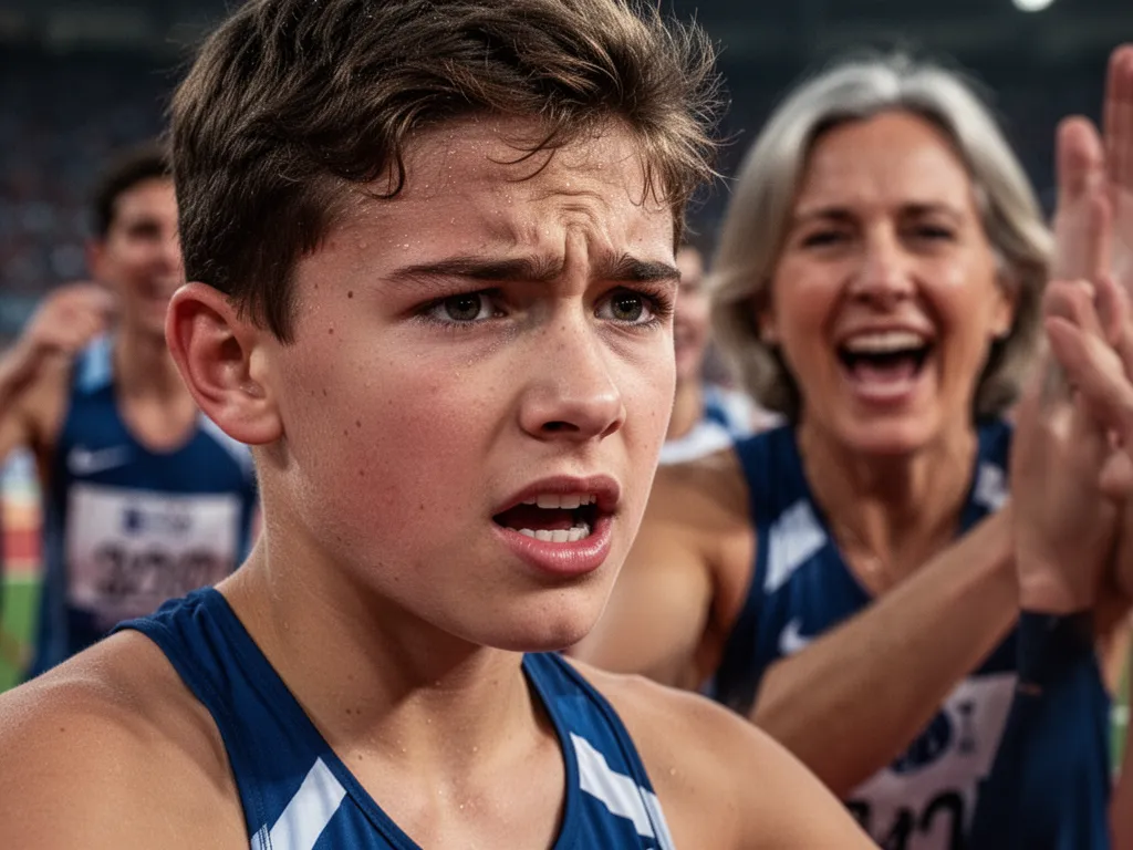 [Young athlete's determined expression during competition with supportive parent visible in background]