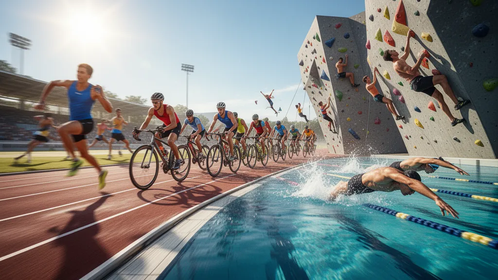 Multiple athletes competing in different sports simultaneously under bright natural daylight with dynamic motion