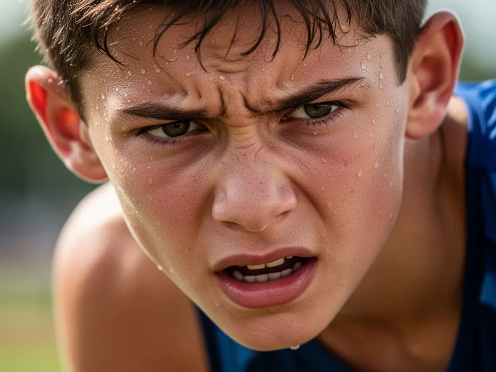 Close-up portrait of focused young athlete displaying determination and concentration during athletic competition