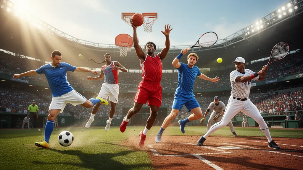 Multiple athletes from different sports competing in dynamic action during outdoor competition with natural lighting