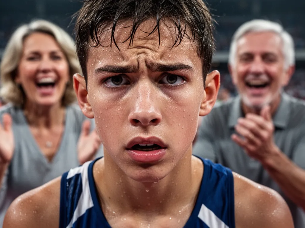 Young athlete displaying focused determination during competition with proud parents visible in supportive background