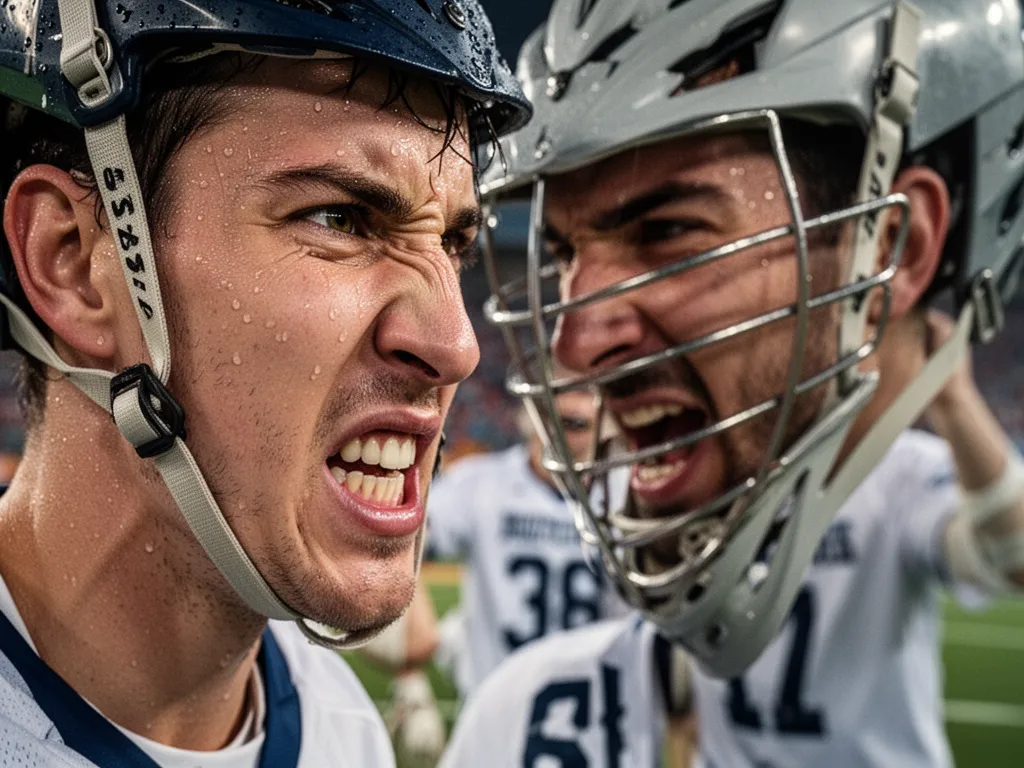 Lacrosse player with intense focused expression, sweat on face, determination visible during competitive game moment