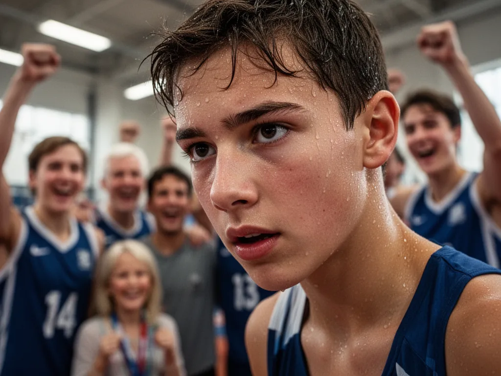 Young athlete's concentrated expression during competition with blurred supportive family and teammates celebrating behind them.