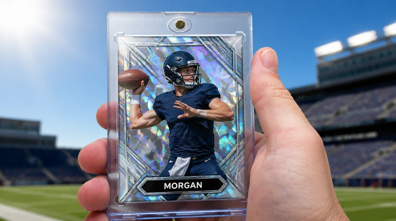 Custom holographic football card held in a one-touch magnetic case