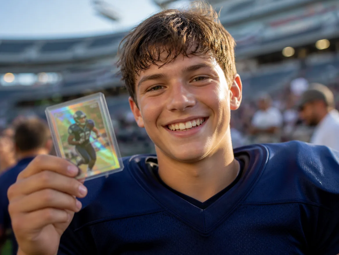 Young athlete holding custom sports cards at a stadium