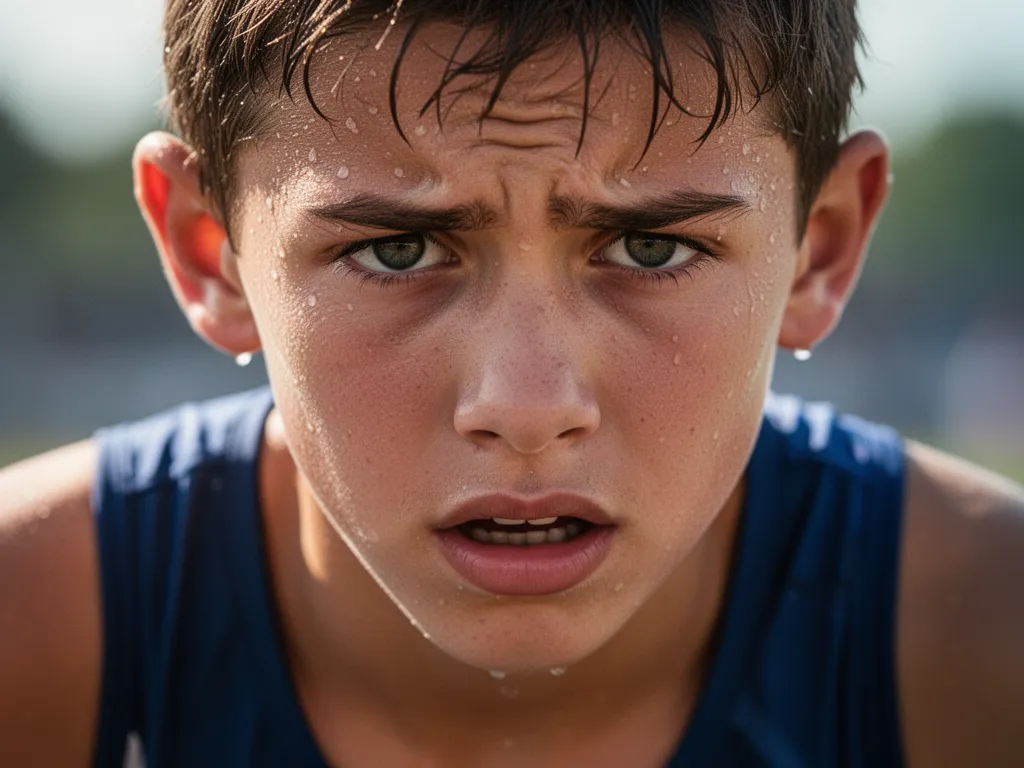 [Young athlete's concentrated face showing determination and passion during competitive sports moment]