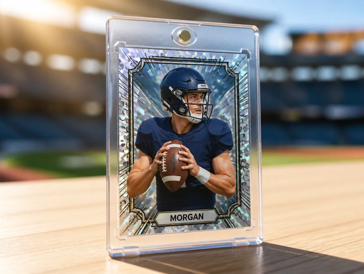Custom sports card standing upright in a premium magnetic case