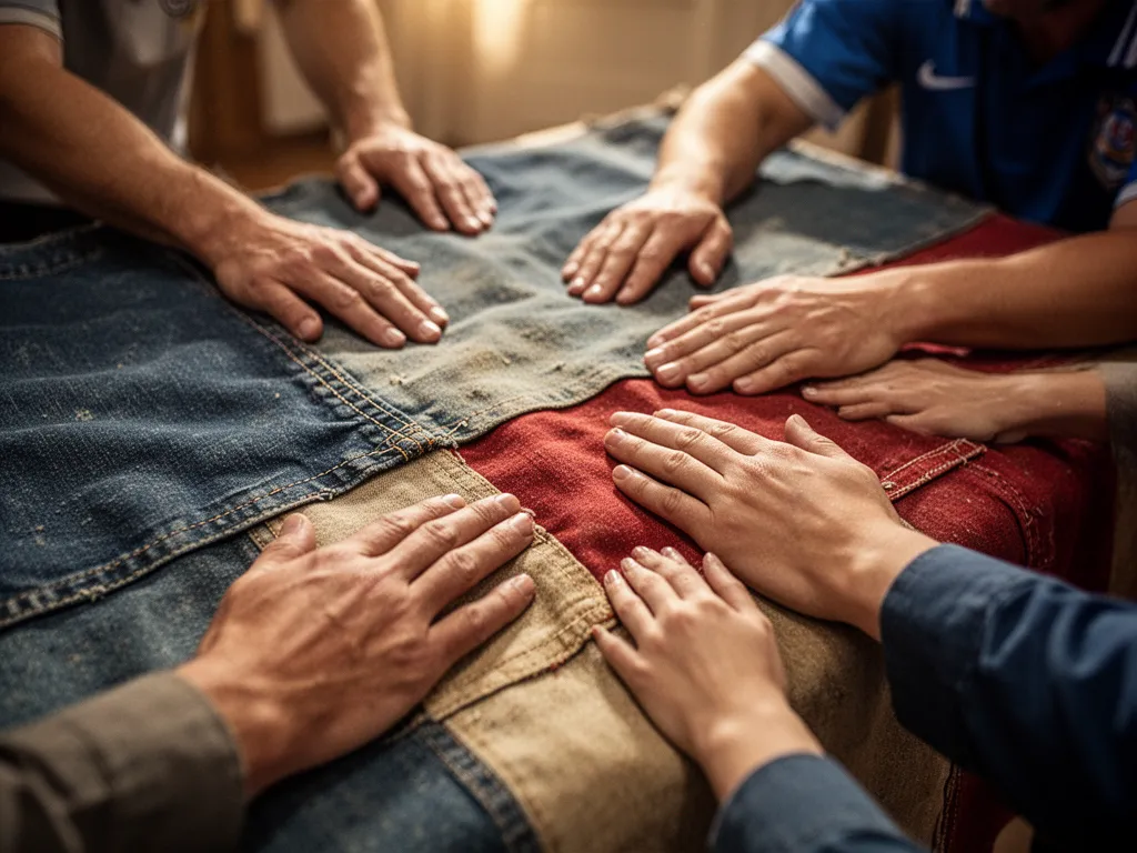 Hands touching vintage championship banner showing stitching detail and fabric texture with emotion