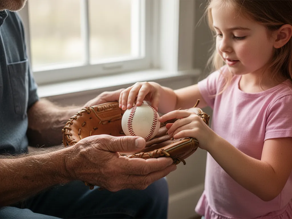 Tender moment of father receiving a baseball from his daughter's hands with emotional connection visible