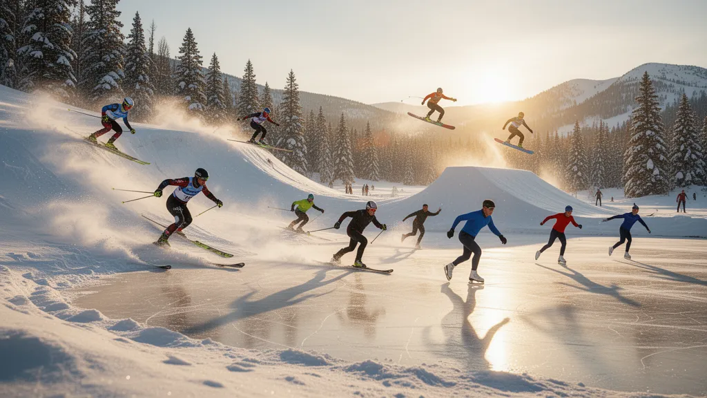 Multiple winter sports athletes in action on snow and ice with golden sunlight