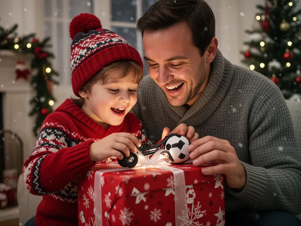 Parent and child smiling while unwrapping sports equipment gift together indoors